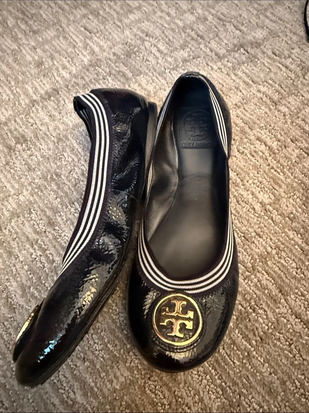 Tory Burch Black Patent Leather Logo Ballet Flats with Gold Emblem